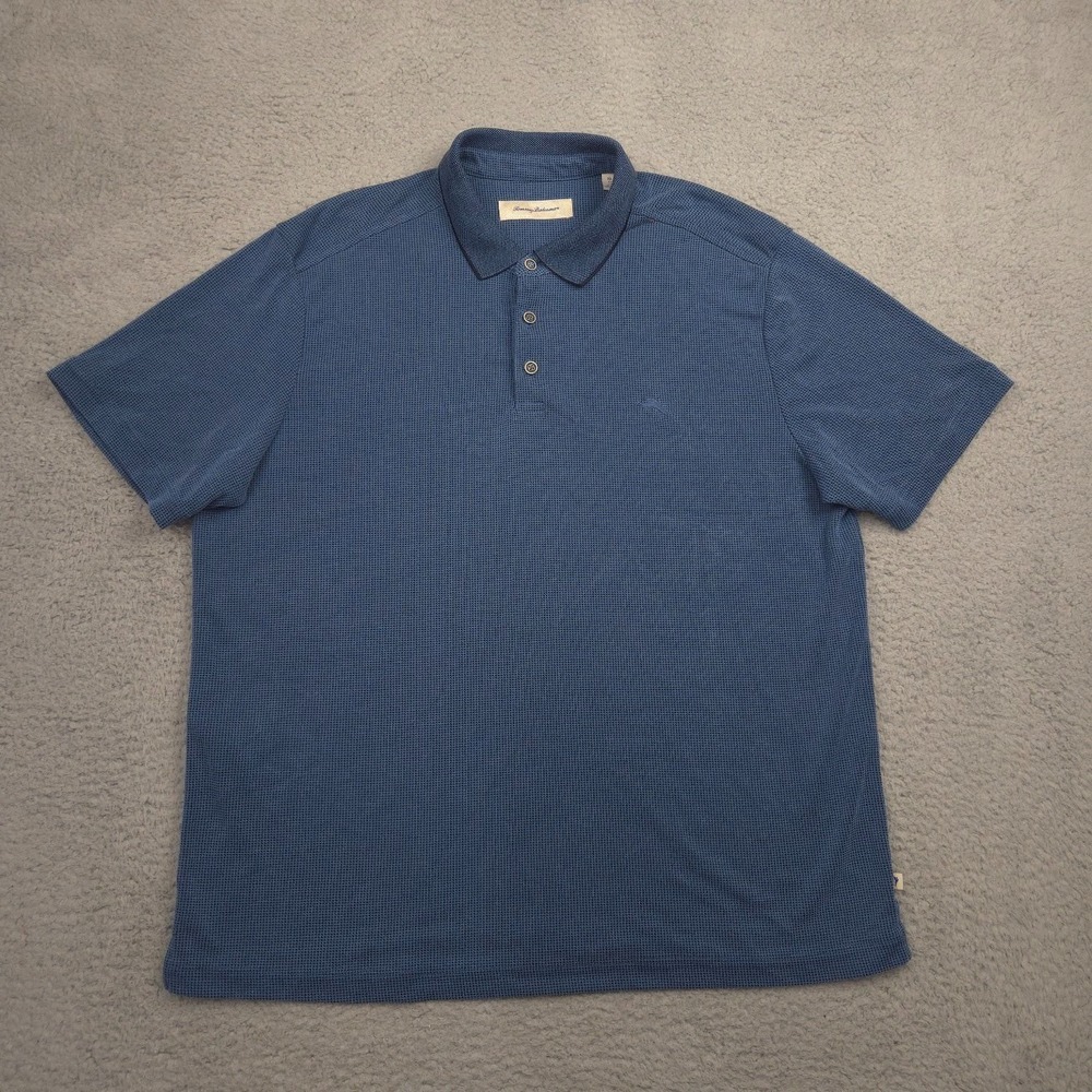 Tommy Bahama Polo Shirt Men XL Blue Short Sleeve Textured Knit Modal Blend